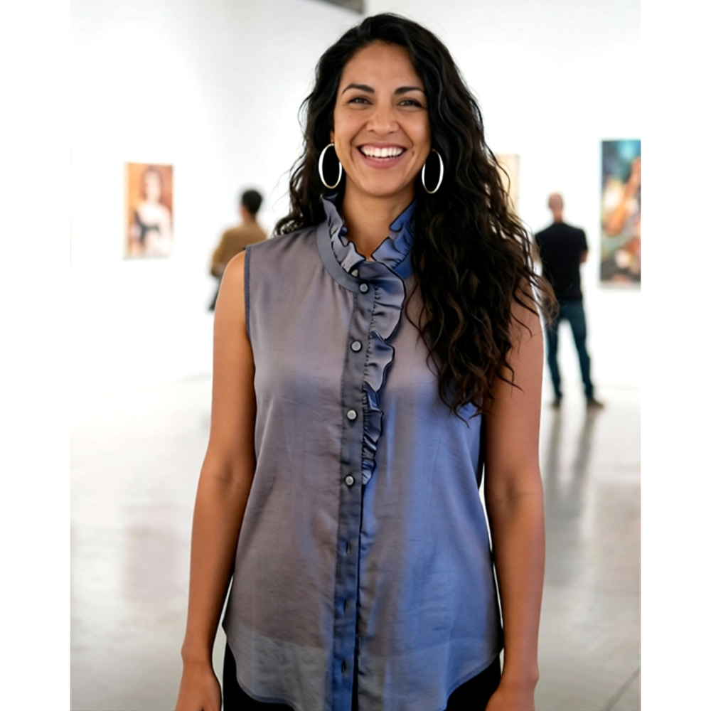 CABI 4555 Sheer Button-Up Blouse Tank COIN TOP GRAY Ruffle Trim HIGH NECK sz L